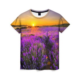 Женская футболка 3D с принтом Лавандовое поле в Кировске, 100% полиэфир ( синтетическое хлопкоподобное полотно) | прямой крой, круглый вырез горловины, длина до линии бедер | закат | лиловый | пейзаж | яркий