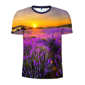 Мужская футболка 3D спортивная с принтом Лавандовое поле в Кировске, 100% полиэстер с улучшенными характеристиками | приталенный силуэт, круглая горловина, широкие плечи, сужается к линии бедра | Тематика изображения на принте: закат | лиловый | пейзаж | яркий