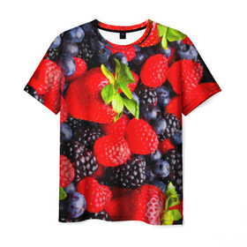 Мужская футболка 3D с принтом Ягоды в Кировске, 100% полиэфир | прямой крой, круглый вырез горловины, длина до линии бедер | ежевика | клубника | малина | черника | ягода | ягодка