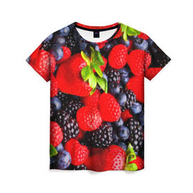 Женская футболка 3D с принтом Ягоды в Кировске, 100% полиэфир ( синтетическое хлопкоподобное полотно) | прямой крой, круглый вырез горловины, длина до линии бедер | ежевика | клубника | малина | черника | ягода | ягодка