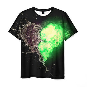 Мужская футболка 3D с принтом Сердце в Кировске, 100% полиэфир | прямой крой, круглый вырез горловины, длина до линии бедер | вода | огонь | стихия | черный