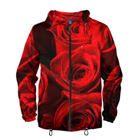 Мужская ветровка 3D с принтом Розы в Кировске, 100% полиэстер | подол и капюшон оформлены резинкой с фиксаторами, два кармана без застежек по бокам, один потайной карман на груди | Тематика изображения на принте: красная | роза | роса | цветок