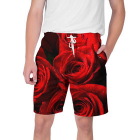 Мужские шорты 3D с принтом Розы в Кировске,  полиэстер 100% | прямой крой, два кармана без застежек по бокам. Мягкая трикотажная резинка на поясе, внутри которой широкие завязки. Длина чуть выше колен | Тематика изображения на принте: красная | роза | роса | цветок