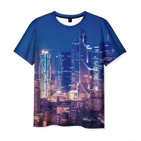 Мужская футболка 3D с принтом Ночная Москва в Кировске, 100% полиэфир | прямой крой, круглый вырез горловины, длина до линии бедер | город | москва сити | пейзаж