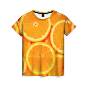 Женская футболка 3D с принтом Апельсины в Кировске, 100% полиэфир ( синтетическое хлопкоподобное полотно) | прямой крой, круглый вырез горловины, длина до линии бедер | апельсин | долька | цитрус