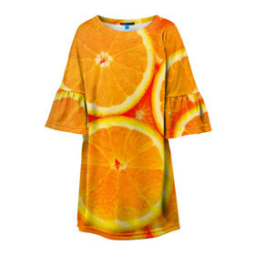 Детское платье 3D с принтом Апельсины в Кировске, 100% полиэстер | прямой силуэт, чуть расширенный к низу. Круглая горловина, на рукавах — воланы | Тематика изображения на принте: апельсин | долька | цитрус
