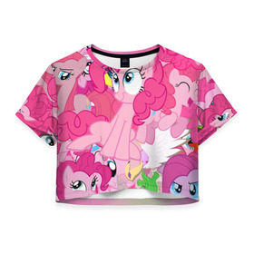 Женская футболка 3D укороченная с принтом Pinky Pie в Кировске, 100% полиэстер | круглая горловина, длина футболки до линии талии, рукава с отворотами | my little pony | луна | пинки пай | пони | рарити | рейнбоу дэш | селестия | сумеречная искорка | флаттершай | эплджек