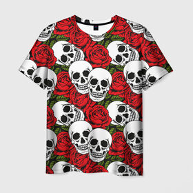 Мужская футболка 3D с принтом Черепа в розах в Кировске, 100% полиэфир | прямой крой, круглый вырез горловины, длина до линии бедер | music | rock | skull | музыка | рок | череп | черепа