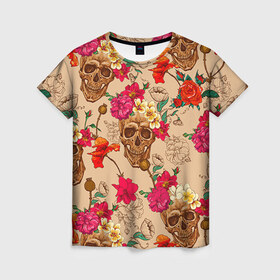Женская футболка 3D с принтом Черепа в цветах в Кировске, 100% полиэфир ( синтетическое хлопкоподобное полотно) | прямой крой, круглый вырез горловины, длина до линии бедер | music | rock | skull | музыка | рок | череп | черепа