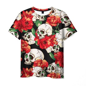 Мужская футболка 3D с принтом Черепки и розы в Кировске, 100% полиэфир | прямой крой, круглый вырез горловины, длина до линии бедер | music | rock | skull | музыка | рок | череп | черепа