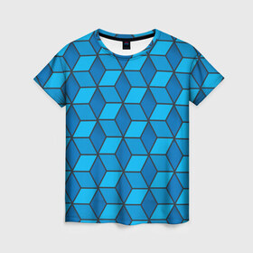 Женская футболка 3D с принтом Blue cube в Кировске, 100% полиэфир ( синтетическое хлопкоподобное полотно) | прямой крой, круглый вырез горловины, длина до линии бедер | кубы | паттерн | синий