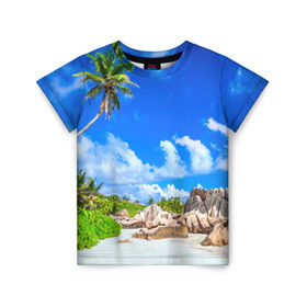 Детская футболка 3D с принтом Сейшельские острова в Кировске, 100% гипоаллергенный полиэфир | прямой крой, круглый вырез горловины, длина до линии бедер, чуть спущенное плечо, ткань немного тянется | seychelles | восточная африка | индийский океан | каникулы | море | островное государство | отдых | отпуск | пальмы | песок | пляж | приключение | путешествие | рай | сейшелы | сейшельские острова | туризм