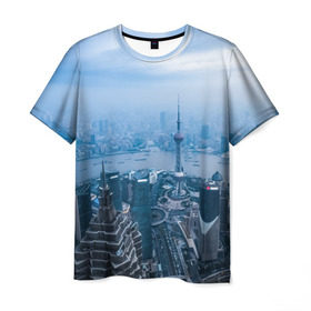 Мужская футболка 3D с принтом Шанхай в Кировске, 100% полиэфир | прямой крой, круглый вырез горловины, длина до линии бедер | Тематика изображения на принте: asia | china | shanghai | азия | высотки | китай | мегаполис | центр торговли | шанхай