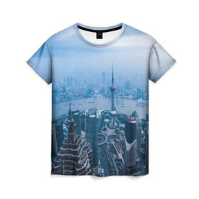 Женская футболка 3D с принтом Шанхай в Кировске, 100% полиэфир ( синтетическое хлопкоподобное полотно) | прямой крой, круглый вырез горловины, длина до линии бедер | asia | china | shanghai | азия | высотки | китай | мегаполис | центр торговли | шанхай