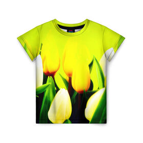 Детская футболка 3D с принтом Тюльпаны в Кировске, 100% гипоаллергенный полиэфир | прямой крой, круглый вырез горловины, длина до линии бедер, чуть спущенное плечо, ткань немного тянется | желтый | цветы