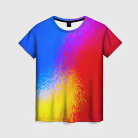 Женская футболка 3D с принтом Взрыв красок в Кировске, 100% полиэфир ( синтетическое хлопкоподобное полотно) | прямой крой, круглый вырез горловины, длина до линии бедер | брызги | желтый | красный | синий