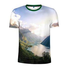 Мужская футболка 3D спортивная с принтом Горное озеро в Кировске, 100% полиэстер с улучшенными характеристиками | приталенный силуэт, круглая горловина, широкие плечи, сужается к линии бедра | горы | лес | небо | озеро