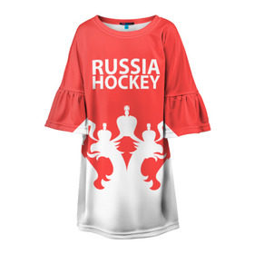 Детское платье 3D с принтом Russia Hockey в Кировске, 100% полиэстер | прямой силуэт, чуть расширенный к низу. Круглая горловина, на рукавах — воланы | Тематика изображения на принте: hockey | ru | rus | russia | russian | россия | сборная | хоккей