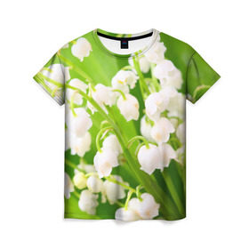 Женская футболка 3D с принтом Ландыши в Кировске, 100% полиэфир ( синтетическое хлопкоподобное полотно) | прямой крой, круглый вырез горловины, длина до линии бедер | весна | ландыш | цветок