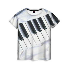 Женская футболка 3D с принтом Клавиши в Кировске, 100% полиэфир ( синтетическое хлопкоподобное полотно) | прямой крой, круглый вырез горловины, длина до линии бедер | белая | клавиши | музыка | пианино | черная