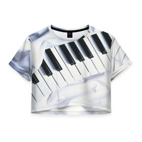 Женская футболка 3D укороченная с принтом Клавиши в Кировске, 100% полиэстер | круглая горловина, длина футболки до линии талии, рукава с отворотами | белая | клавиши | музыка | пианино | черная