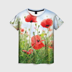Женская футболка 3D с принтом Дикий мак в Кировске, 100% полиэфир ( синтетическое хлопкоподобное полотно) | прямой крой, круглый вырез горловины, длина до линии бедер | зелень | лето | луг | лужайка | мак | небо | облака | поле | полевые цветы | природа | растения | растительность