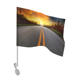 Флаг для автомобиля с принтом Дорога в закат в Кировске, 100% полиэстер | Размер: 30*21 см | автобус | автостоп | будущее | движение | дорога | закат | заря | маршрут | машина | мотоцикл | небо | приключения | природа | путь | рассвет | солнце | трасса | шоссе
