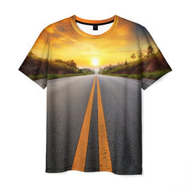 Мужская футболка 3D с принтом Дорога в закат в Кировске, 100% полиэфир | прямой крой, круглый вырез горловины, длина до линии бедер | автобус | автостоп | будущее | движение | дорога | закат | заря | маршрут | машина | мотоцикл | небо | приключения | природа | путь | рассвет | солнце | трасса | шоссе
