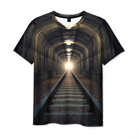 Мужская футболка 3D с принтом Бескрайний тоннель в Кировске, 100% полиэфир | прямой крой, круглый вырез горловины, длина до линии бедер | железная дорога | иллюзия | коридор | свет в конце тоннеля | тоннель
