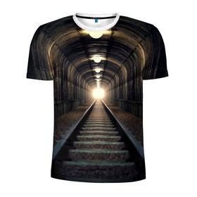 Мужская футболка 3D спортивная с принтом Бескрайний тоннель в Кировске, 100% полиэстер с улучшенными характеристиками | приталенный силуэт, круглая горловина, широкие плечи, сужается к линии бедра | железная дорога | иллюзия | коридор | свет в конце тоннеля | тоннель