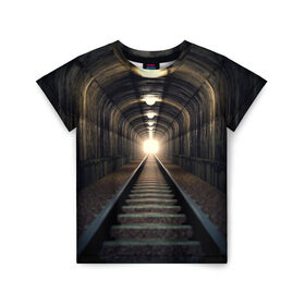 Детская футболка 3D с принтом Бескрайний тоннель в Кировске, 100% гипоаллергенный полиэфир | прямой крой, круглый вырез горловины, длина до линии бедер, чуть спущенное плечо, ткань немного тянется | железная дорога | иллюзия | коридор | свет в конце тоннеля | тоннель