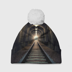 Шапка 3D c помпоном с принтом Бескрайний тоннель в Кировске, 100% полиэстер | универсальный размер, печать по всей поверхности изделия | железная дорога | иллюзия | коридор | свет в конце тоннеля | тоннель