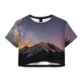 Женская футболка 3D укороченная с принтом Звездное небо в Кировске, 100% полиэстер | круглая горловина, длина футболки до линии талии, рукава с отворотами | горы | звезды | космос | небо | ночь