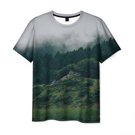 Мужская футболка 3D с принтом Туманный лес в Кировске, 100% полиэфир | прямой крой, круглый вырез горловины, длина до линии бедер | веткгоры | деревья | лес | туман