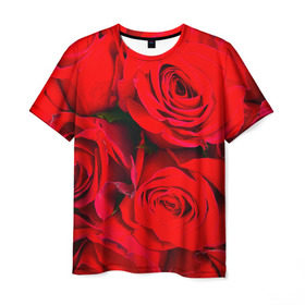 Мужская футболка 3D с принтом Розы в Кировске, 100% полиэфир | прямой крой, круглый вырез горловины, длина до линии бедер | букет | красная | лепестки | роза | цветы
