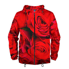 Мужская ветровка 3D с принтом Розы в Кировске, 100% полиэстер | подол и капюшон оформлены резинкой с фиксаторами, два кармана без застежек по бокам, один потайной карман на груди | букет | красная | лепестки | роза | цветы