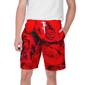 Мужские шорты 3D с принтом Розы в Кировске,  полиэстер 100% | прямой крой, два кармана без застежек по бокам. Мягкая трикотажная резинка на поясе, внутри которой широкие завязки. Длина чуть выше колен | букет | красная | лепестки | роза | цветы