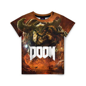 Детская футболка 3D с принтом Doom 4 Hell Cyberdemon в Кировске, 100% гипоаллергенный полиэфир | прямой крой, круглый вырез горловины, длина до линии бедер, чуть спущенное плечо, ткань немного тянется | Тематика изображения на принте: cyberdemon | demon | doom | hell | дум