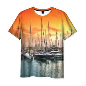 Мужская футболка 3D с принтом Barcelona в Кировске, 100% полиэфир | прямой крой, круглый вырез горловины, длина до линии бедер | barcelona | spain | барселона | европа | закат | испания | каталония | море | парусник | фрегат | яхта
