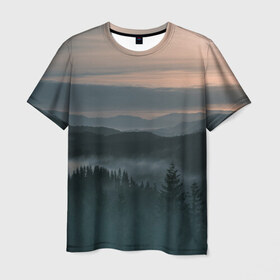 Мужская футболка 3D с принтом Туман в горах в Кировске, 100% полиэфир | прямой крой, круглый вырез горловины, длина до линии бедер | ветки | деревья | лес | туман