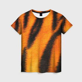 Женская футболка 3D с принтом Шкура тигра в Кировске, 100% полиэфир ( синтетическое хлопкоподобное полотно) | прямой крой, круглый вырез горловины, длина до линии бедер | кошка | полосатая | текстуры | тигр