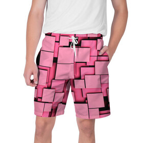 Мужские шорты 3D с принтом Кубики в Кировске,  полиэстер 100% | прямой крой, два кармана без застежек по бокам. Мягкая трикотажная резинка на поясе, внутри которой широкие завязки. Длина чуть выше колен | квадраты | объем | плитка | розовый