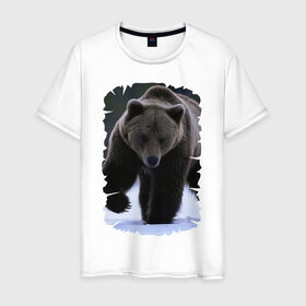 Мужская футболка хлопок с принтом Русский медведь в Кировске, 100% хлопок | прямой крой, круглый вырез горловины, длина до линии бедер, слегка спущенное плечо. | берлога | животное | зверь | косолапый | медведь | мишка | потапыч | хищник | хозяин тайги