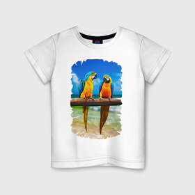 Детская футболка хлопок с принтом Попугаи в Кировске, 100% хлопок | круглый вырез горловины, полуприлегающий силуэт, длина до линии бедер | джунгли | клюв | острова | перья | попугай | птица | тропики | экзотика