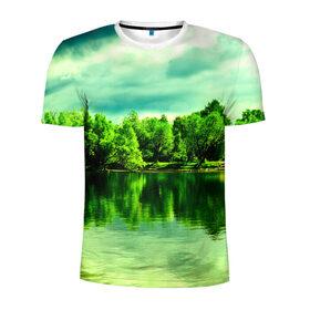 Мужская футболка 3D спортивная с принтом Река в Кировске, 100% полиэстер с улучшенными характеристиками | приталенный силуэт, круглая горловина, широкие плечи, сужается к линии бедра | лес | лето | озеро | природа
