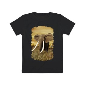 Детская футболка хлопок с принтом Могучий слон в Кировске, 100% хлопок | круглый вырез горловины, полуприлегающий силуэт, длина до линии бедер | Тематика изображения на принте: elephant | африка | бивни | джунгли | мамонт | савана | сафари | слон | хобот