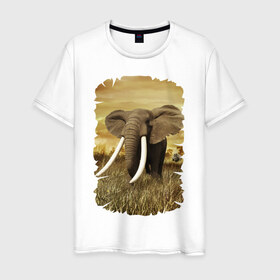 Мужская футболка хлопок с принтом Могучий слон в Кировске, 100% хлопок | прямой крой, круглый вырез горловины, длина до линии бедер, слегка спущенное плечо. | elephant | африка | бивни | джунгли | мамонт | савана | сафари | слон | хобот
