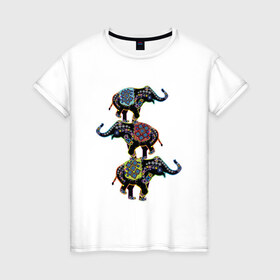 Женская футболка хлопок с принтом 3 слона в Кировске, 100% хлопок | прямой крой, круглый вырез горловины, длина до линии бедер, слегка спущенное плечо | 