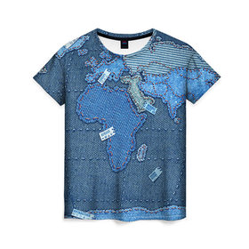 Женская футболка 3D с принтом Джинсовый 4 в Кировске, 100% полиэфир ( синтетическое хлопкоподобное полотно) | прямой крой, круглый вырез горловины, длина до линии бедер | джинсовый | джинсы | карта | мир