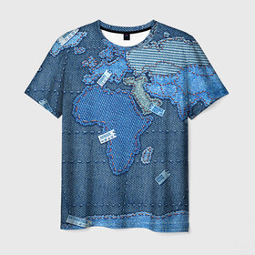 Мужская футболка 3D с принтом Джинсовый 4 в Кировске, 100% полиэфир | прямой крой, круглый вырез горловины, длина до линии бедер | джинсовый | джинсы | карта | мир